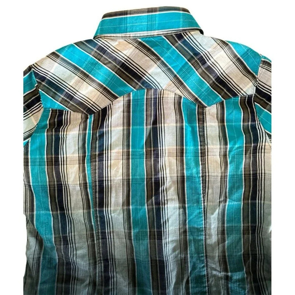 Rock & Roll Cowgirl Women's Size L Button Down Blue Black Pearl Snaps Western - Picture 11 of 13